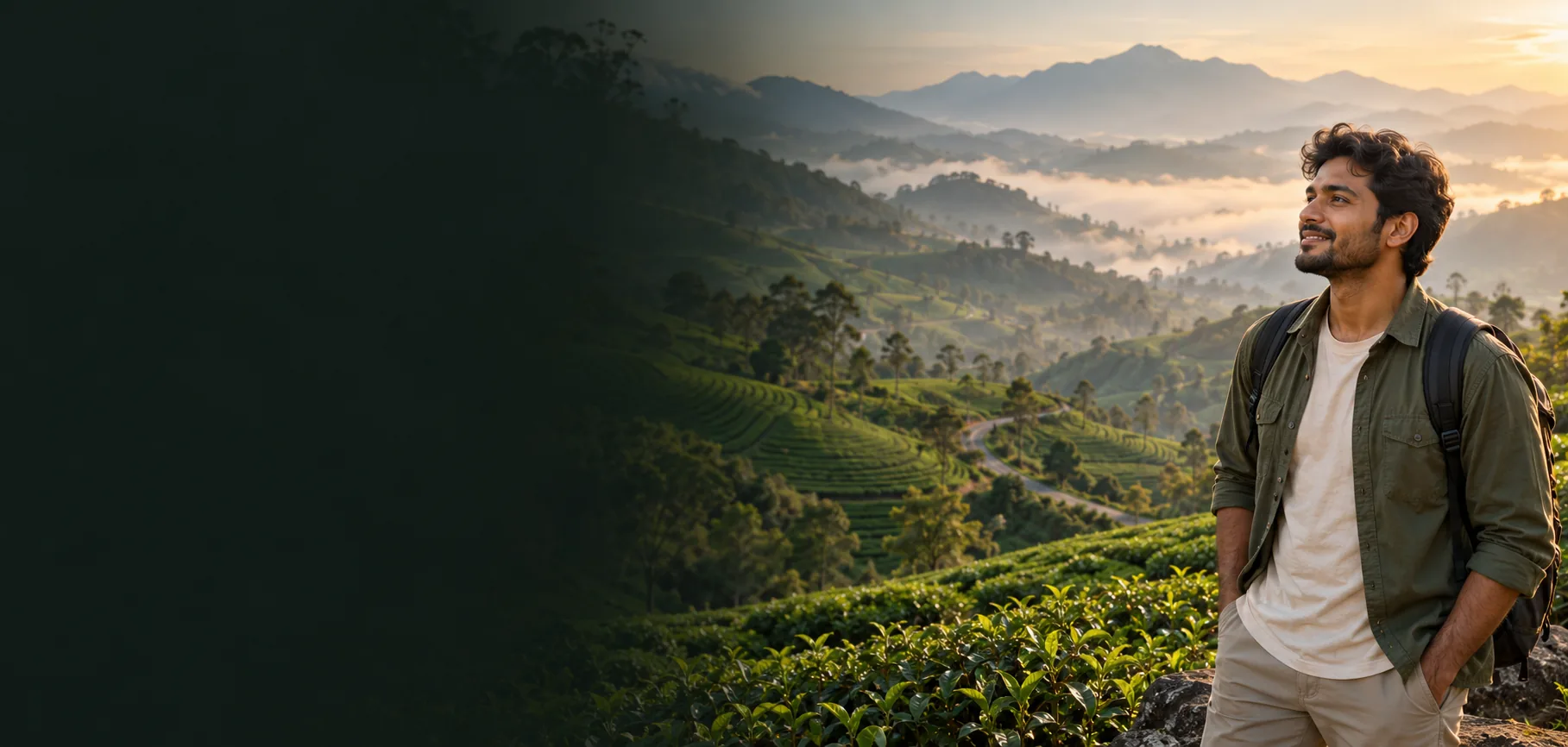 Traveller overlooking scenic tea gardens and hills