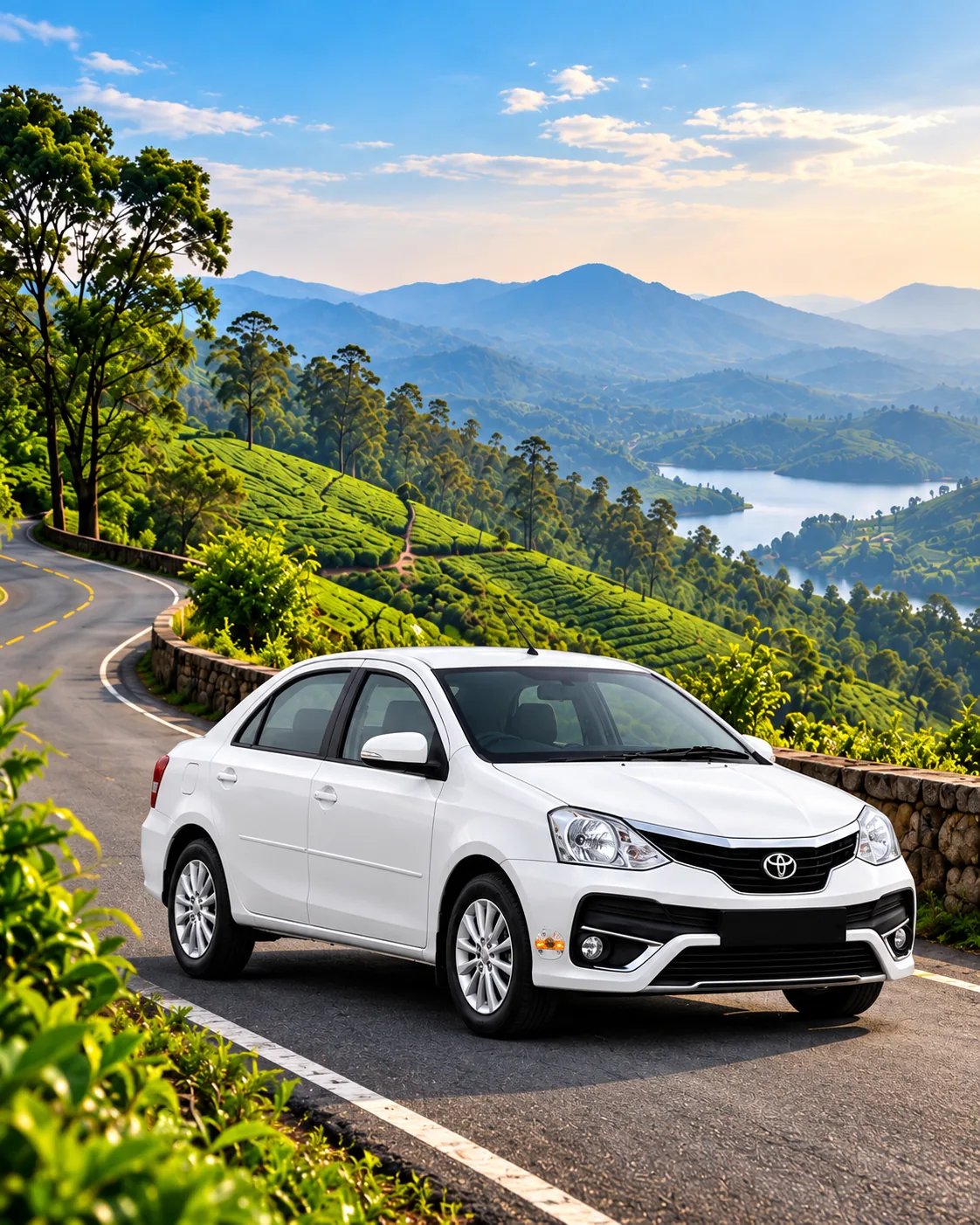 Illustration of a white Toyota Platinum Etios on a scenic hill road